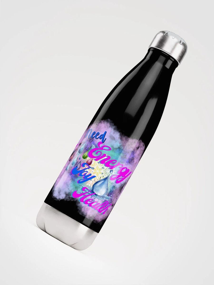 Stainles steel water bottle with beautiful swirly blue water drop splash and drops design featuring ' Need  Energy Love Health product image (4)