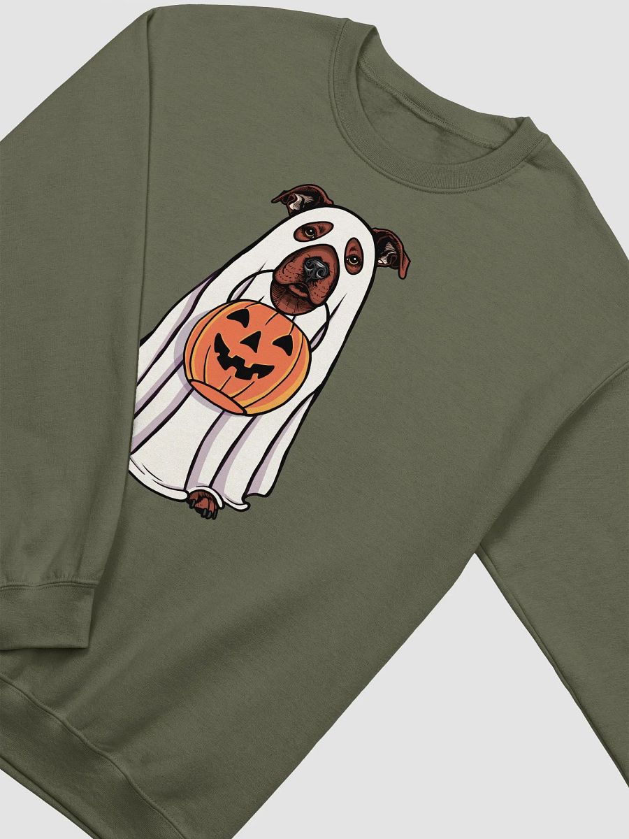 Funny Halloween Staffordshire Terrier(Red) Sweatshirt | Funny Staffy Wearing a Ghost Costume and Holding a Pumpkin Basket product image (18)
