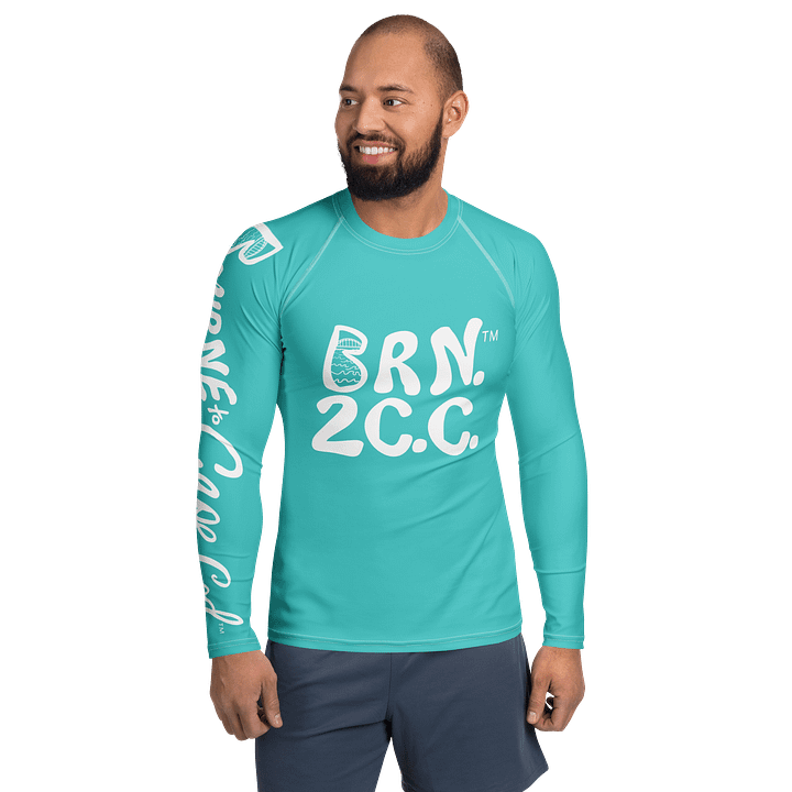 BRN.2C.C.™ /BOURNE to Cape Cod™ | Men’s Long Sleeve Rash Guard | UPF 50+ Active Coastal Shirt | White Logos on Dark Turquoise product image (1)
