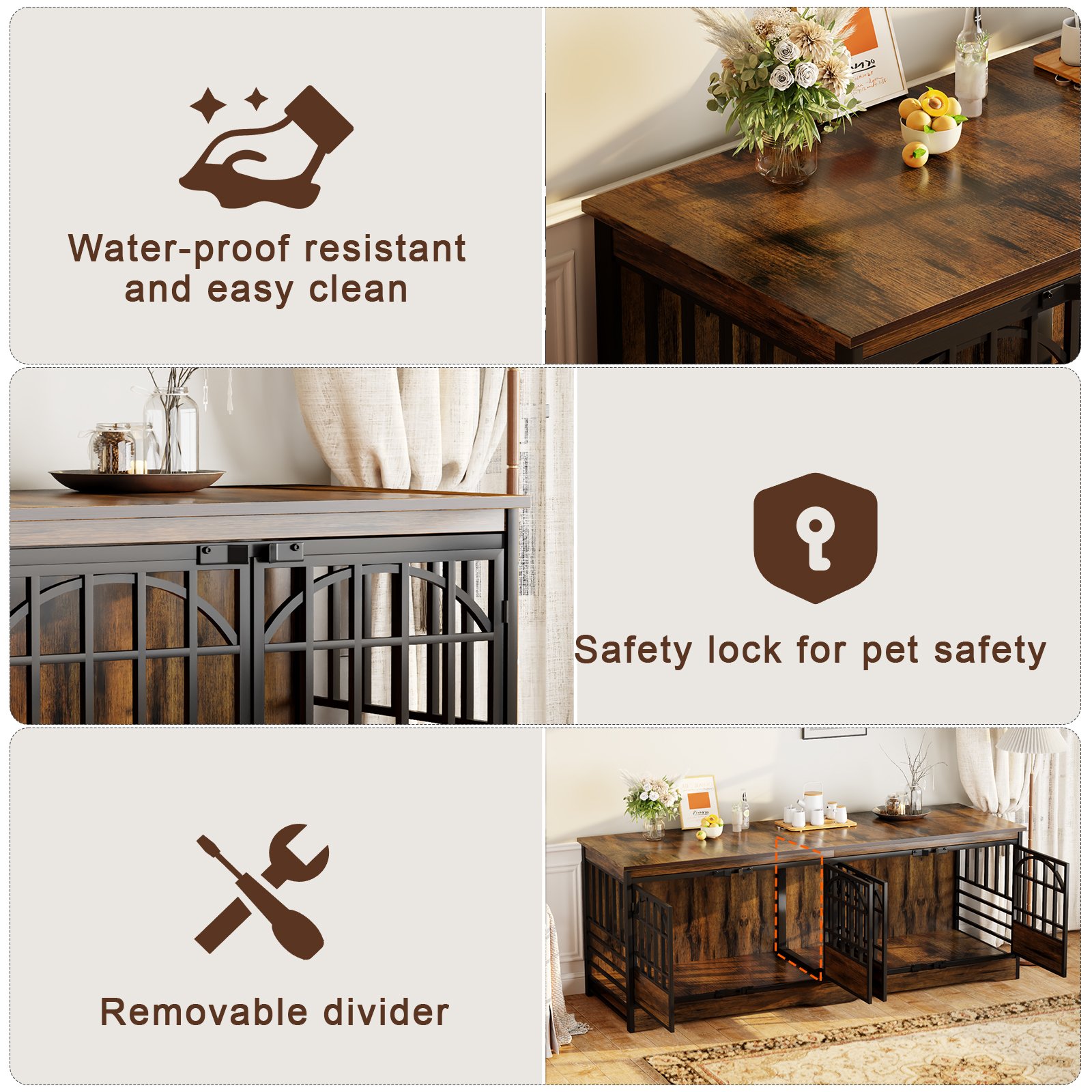 86 Inch Double Dog Crate Furniture for 2 Large Dogs, Decorative Dog Kennel Indoor TV Stand, Heavy Duty Wooden Dog Cage for Large Medium Dogs Sized Dog Pet House with Divider (Brown) product image (3)