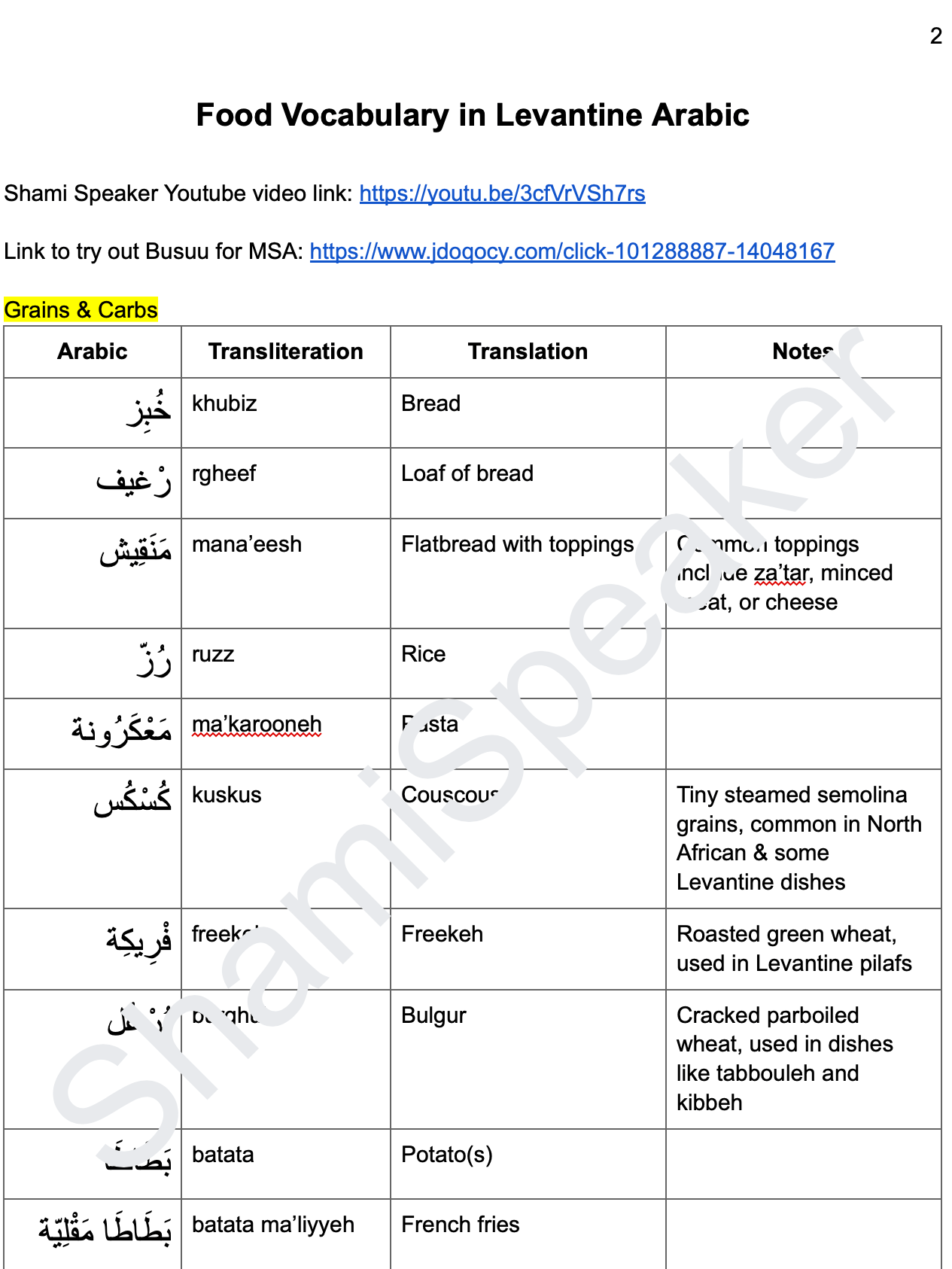 Food Vocabulary in Levantine Arabic product image (2)