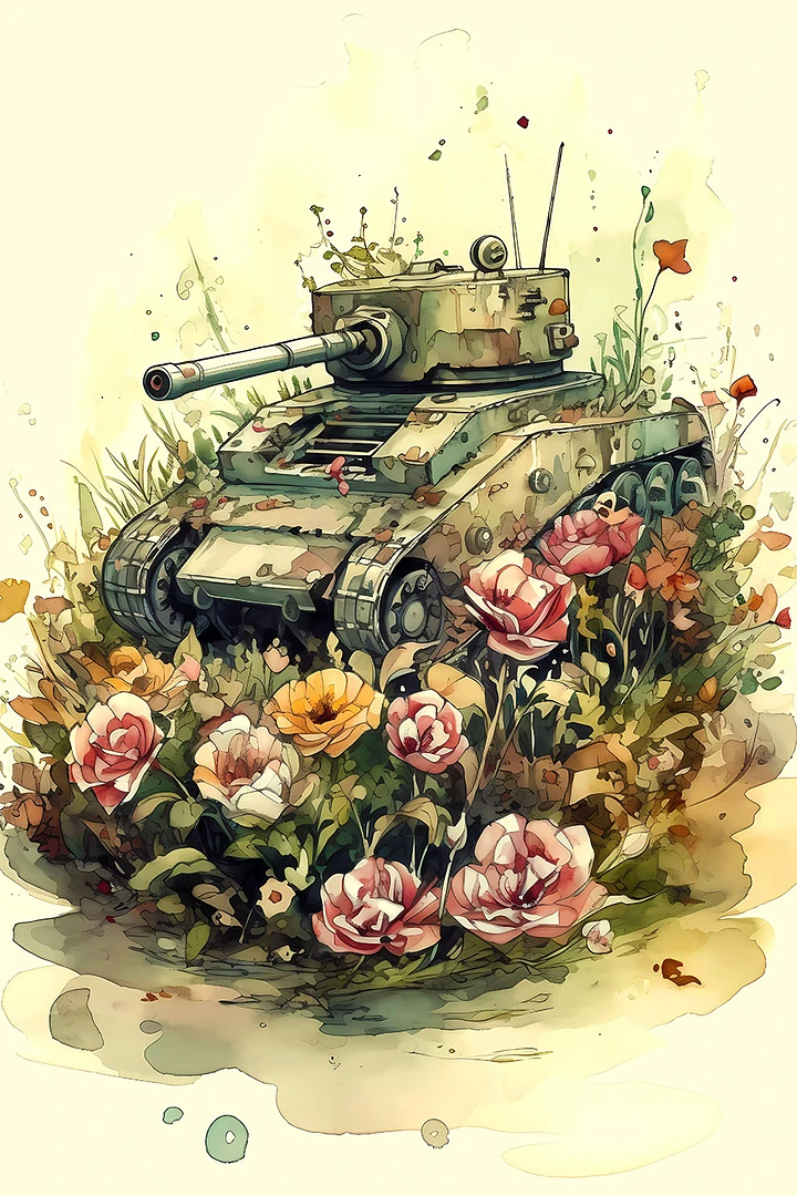 Harmony of Strength and Softness: A Military Tank Amidst Blooming Flowers Poster Matte Posters product image (1)