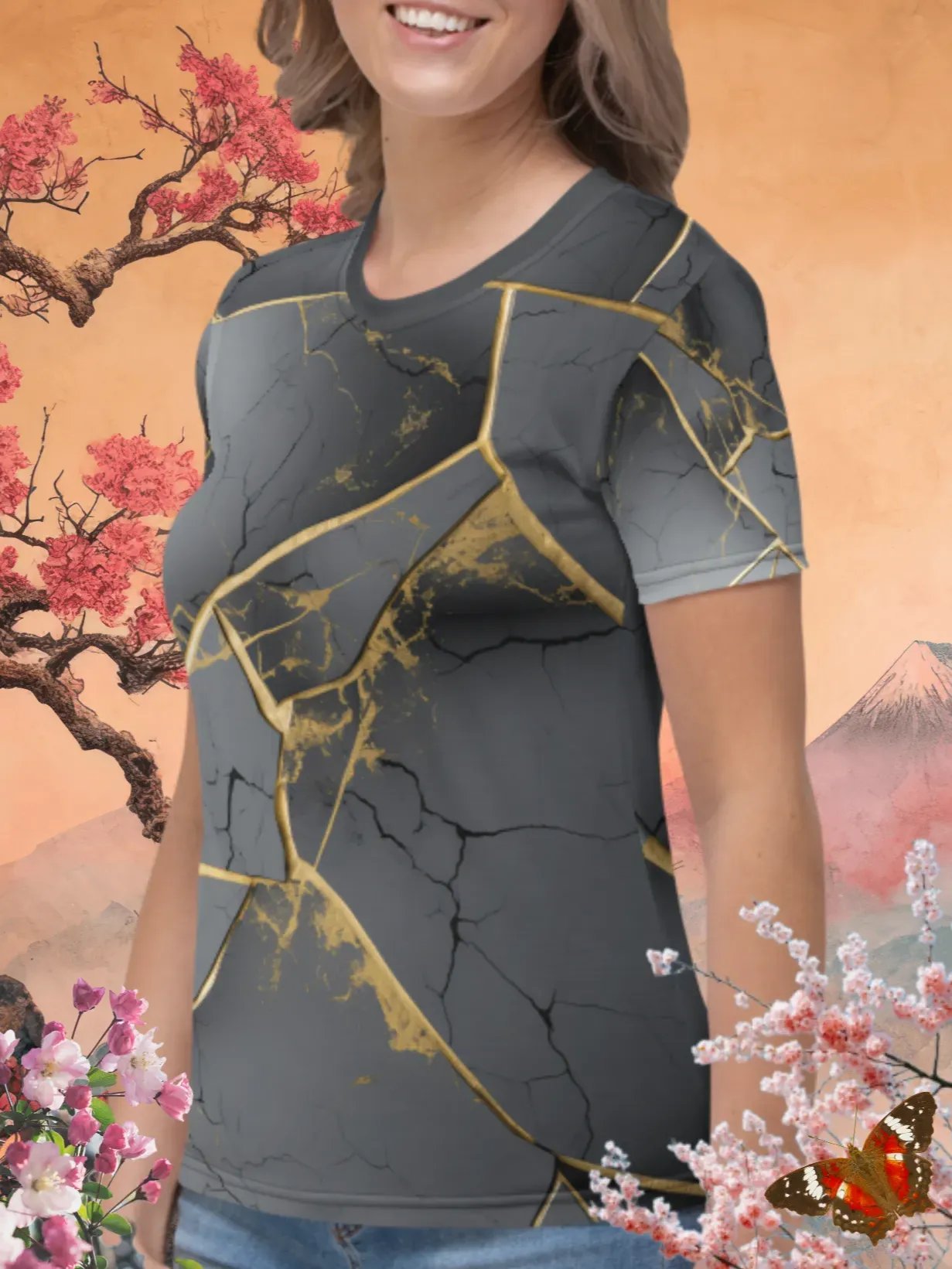 Grey & Gold Kintsugi All-Over Print T-Shirt product image (2)