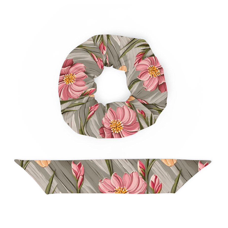 Hair Scrunchie - Painted Flowers in Shades of Yellow and Pink on a Textured Khaki Background product image (4)