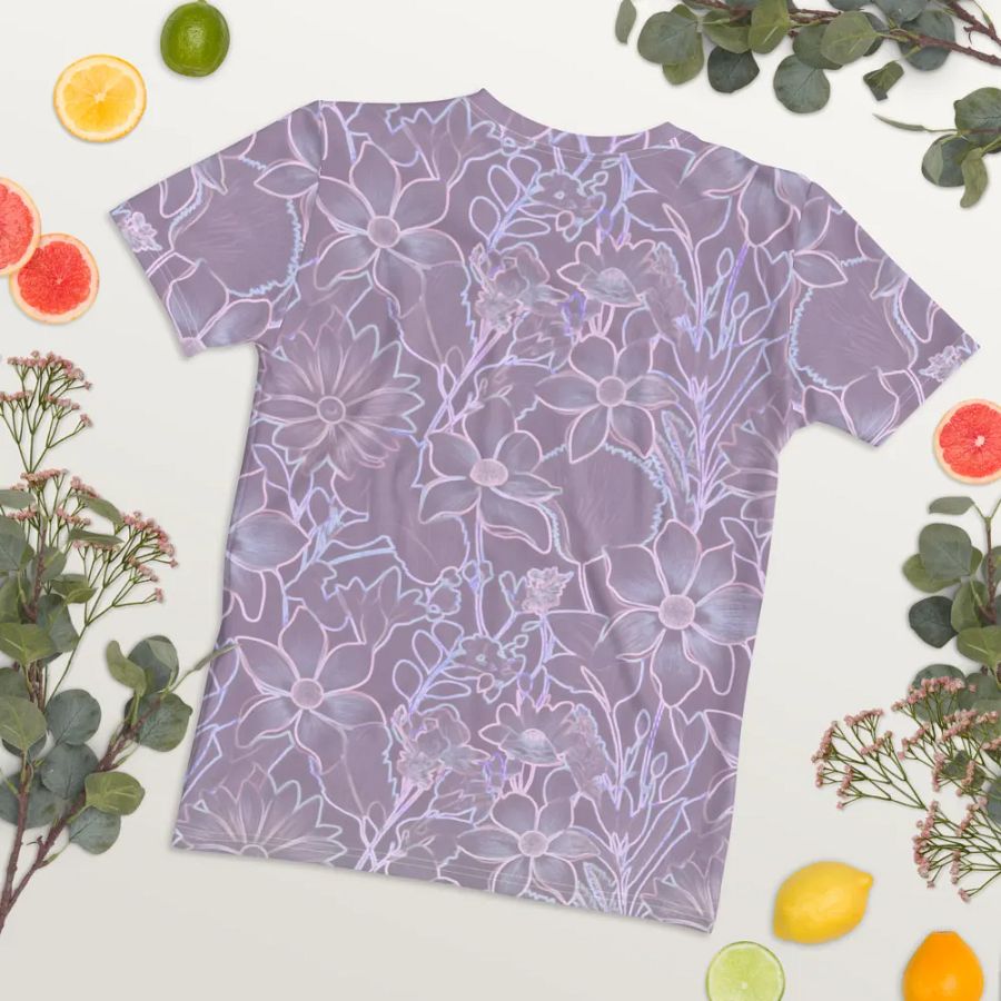 Line art Lilac and Pink Floral/All-Over Print Women's Crew Neck T-Shirt by Sublicolor product image (8)