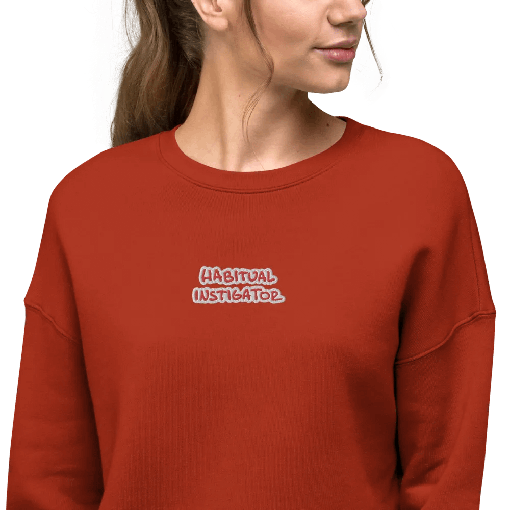 HABITUAL INSTIGATOR (red & white) embroidered fleece crop crew product image (9)