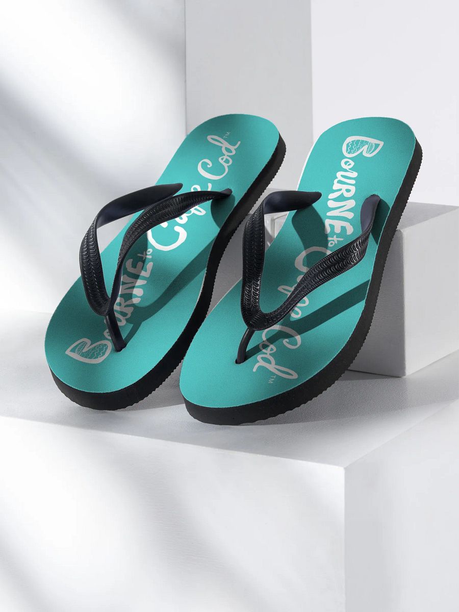BOURNE to Flip Flop™ | Cape Cod Vibes for Your Soles | Horizontal Logo Sandals | White Logo on Dark Turquoise product image (1)