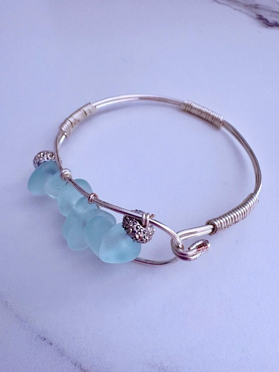 Seafoam Pebble Tide Bracelet | Wire-Wrapped Sea Glass | Handmade 7" Coastal Charm by Monique Faella Designs™ | MFD-00201 product image (5)