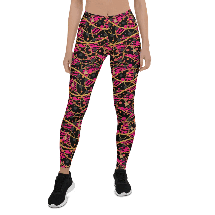 comfortable ladies leggings in funky arty red pink and gold design  on black design for those that  like the unusual. product image (1)