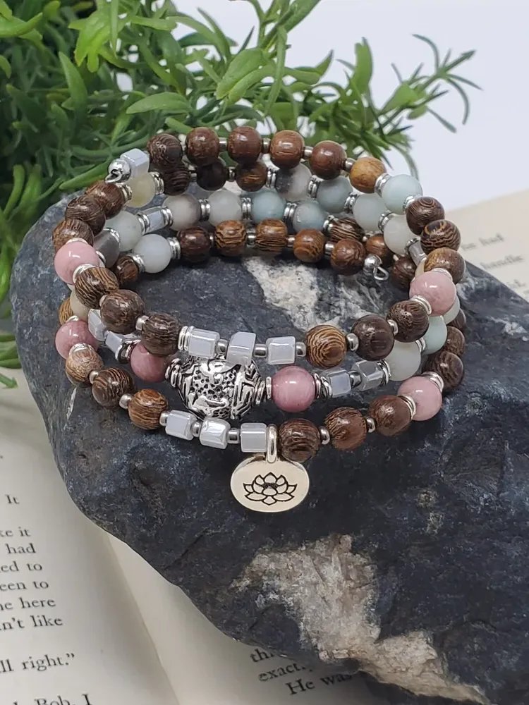 Om Mani Padme Hum Boho Wrap Bracelet – Triple Wrap Amazonite Rhodonite Roble Wood – Meditation Jewelry – Stress Relief Gift product image (1)