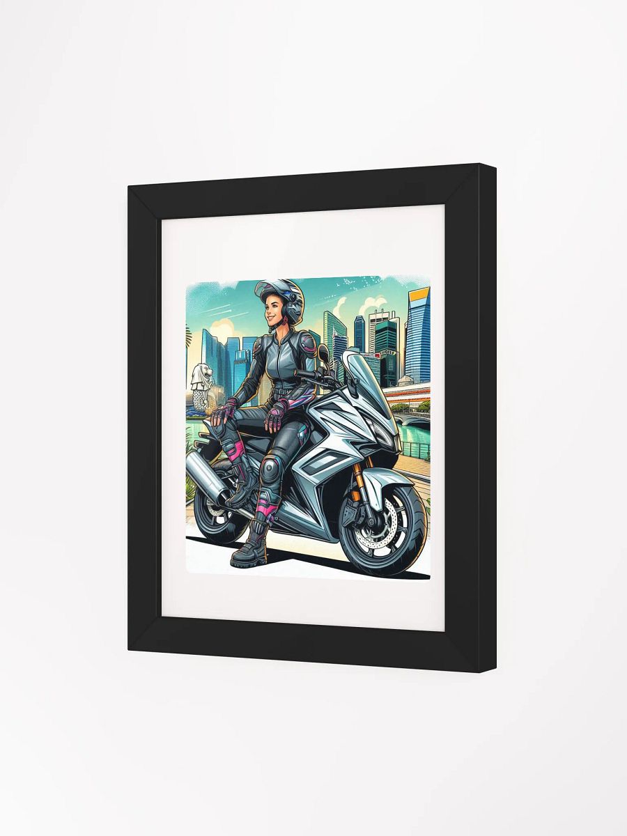 Minimalist White Framed Poster | Biker girl enjoying the atmosphere of Singapore by AI product image (74)