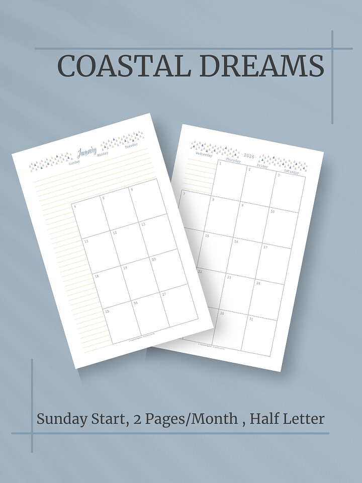 Coastal Dreams 2026 Calendar - 2 Pages per Month, Sunday Start, Half Letter Size product image (1)