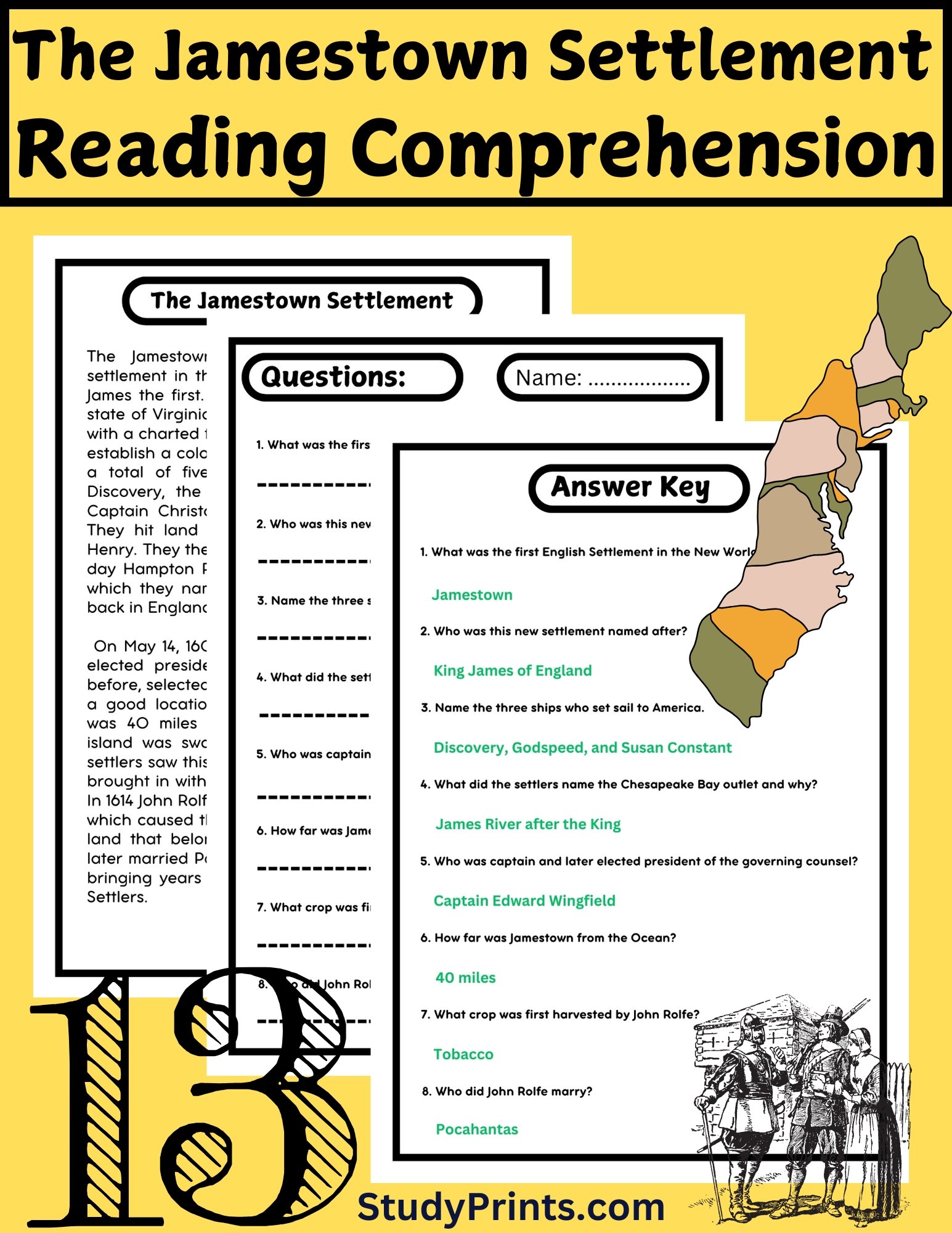 The Jamestown Settlement Reading Comprehension Passage and Questions | Printable PDF product image (1)