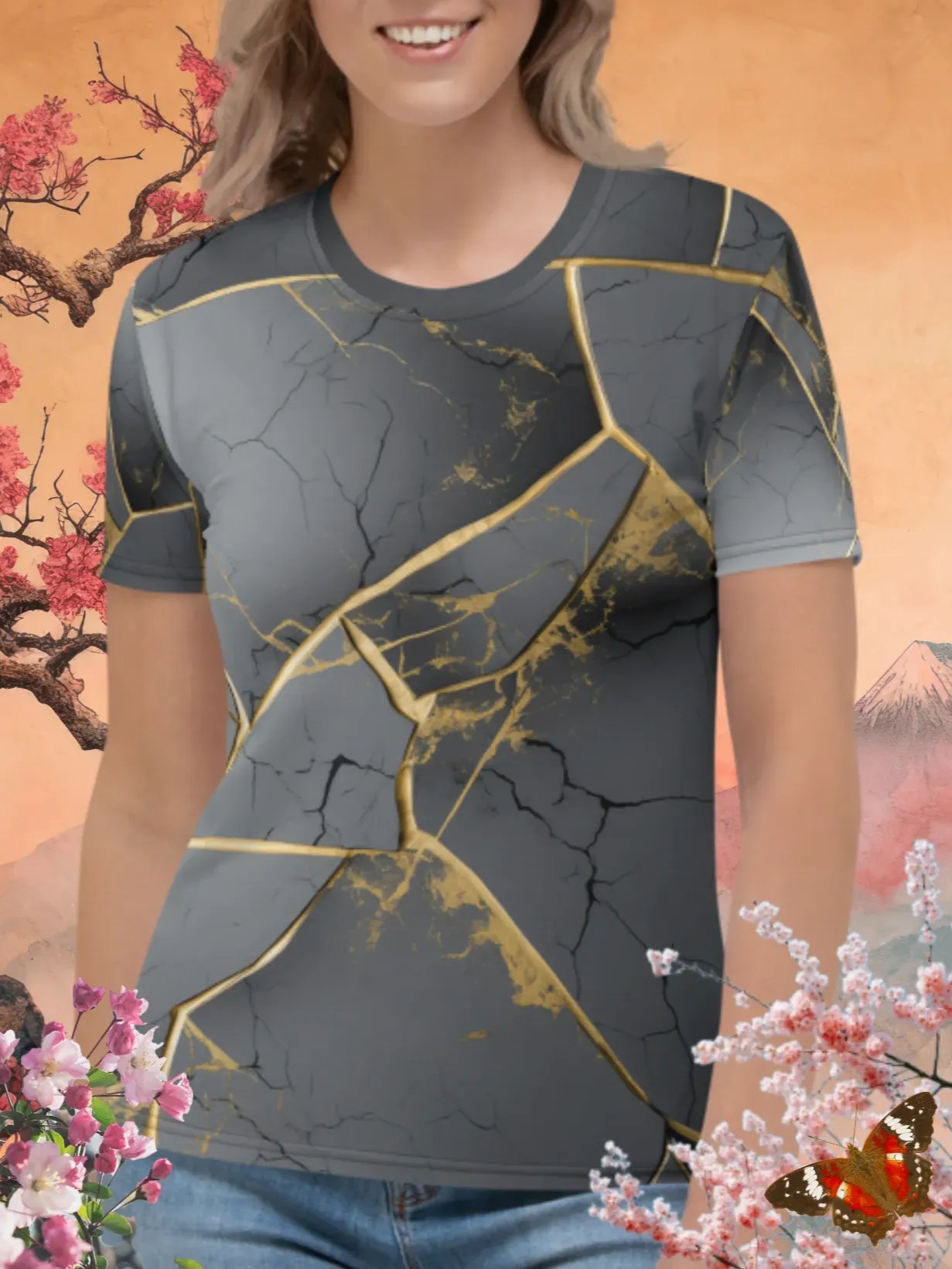 Grey & Gold Kintsugi All-Over Print T-Shirt product image (1)