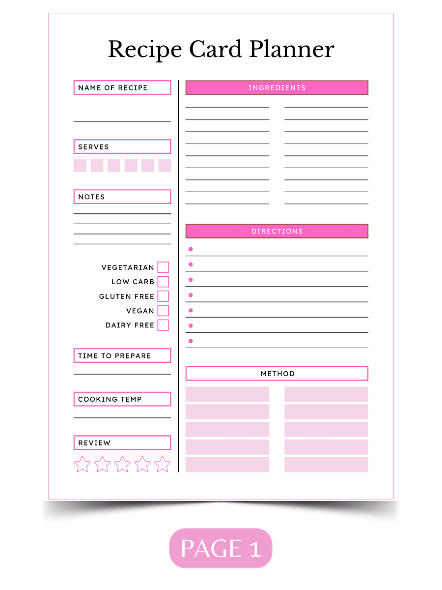 Chic Recipe Card Printable (Pink & Orange) product image (2)