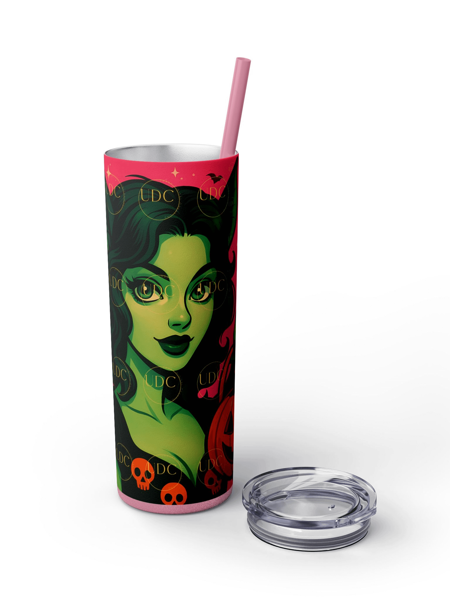 Green Bat-Wing Witch Halloween Tumbler Wrap PNG – Spooky Glam Girl with Pumpkin & Pink Bat Background for 20oz Skinny Tumblers product image (3)