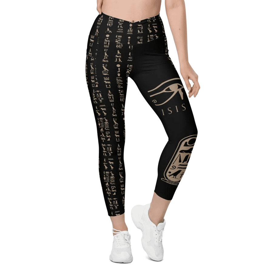 Nefertiti Black Hieroglyphs All-Over Print Crossover Leggings with Pockets product image (1)