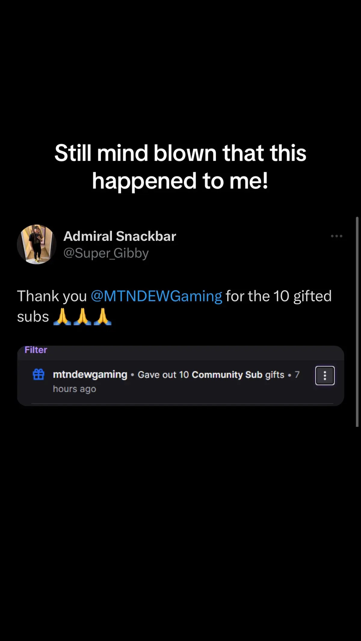 @MTN DEW Gaming gifted me 10 subs on Twitch and that is so crazy to me! #twitch #streamer #dothedew #streamingcommunity #twitchstreamer #twitchtok #streamertok 