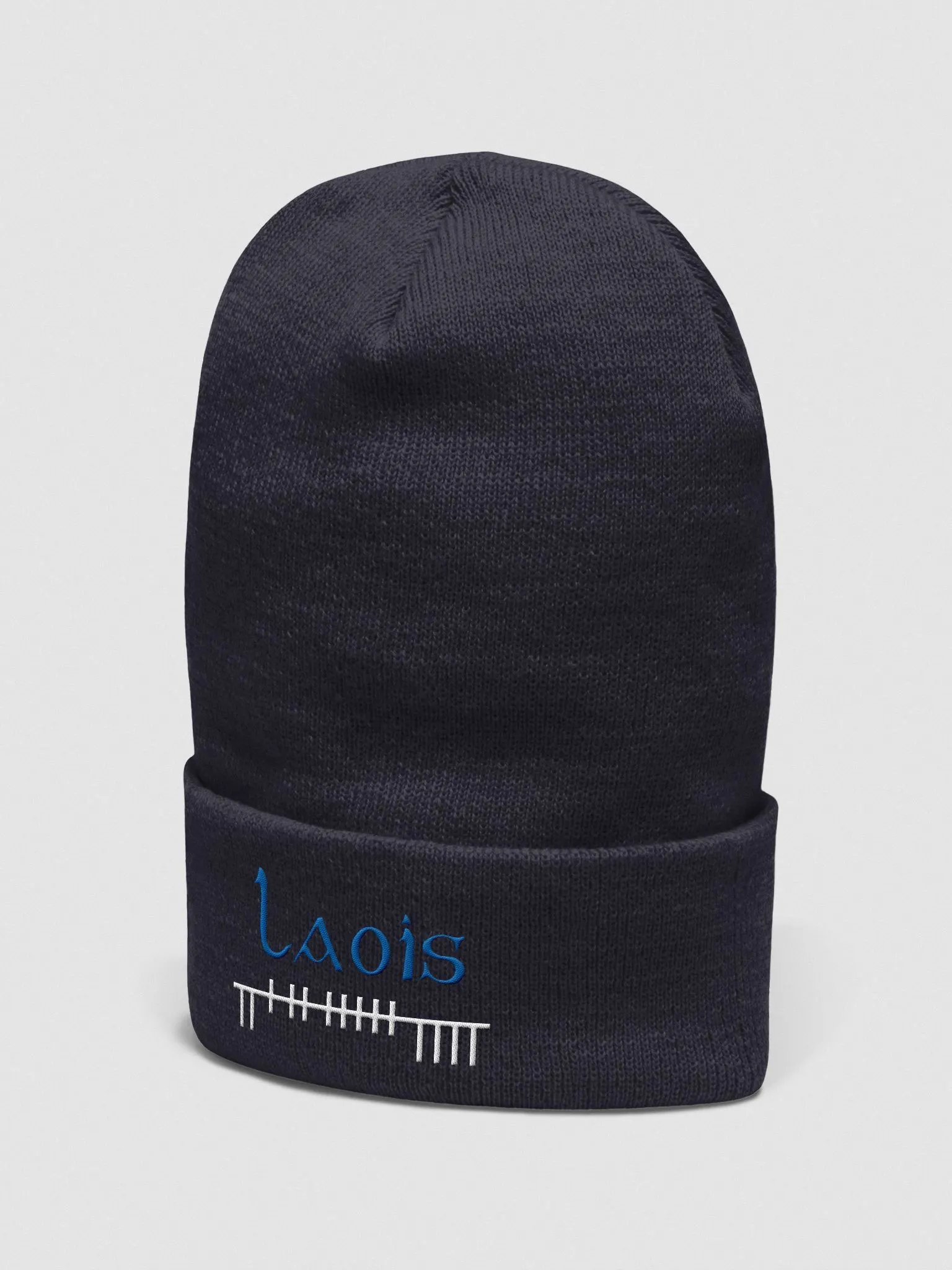 Laois Orthodox style Ogham, white and blue, embroidered Cuffed Beanie product image (5)
