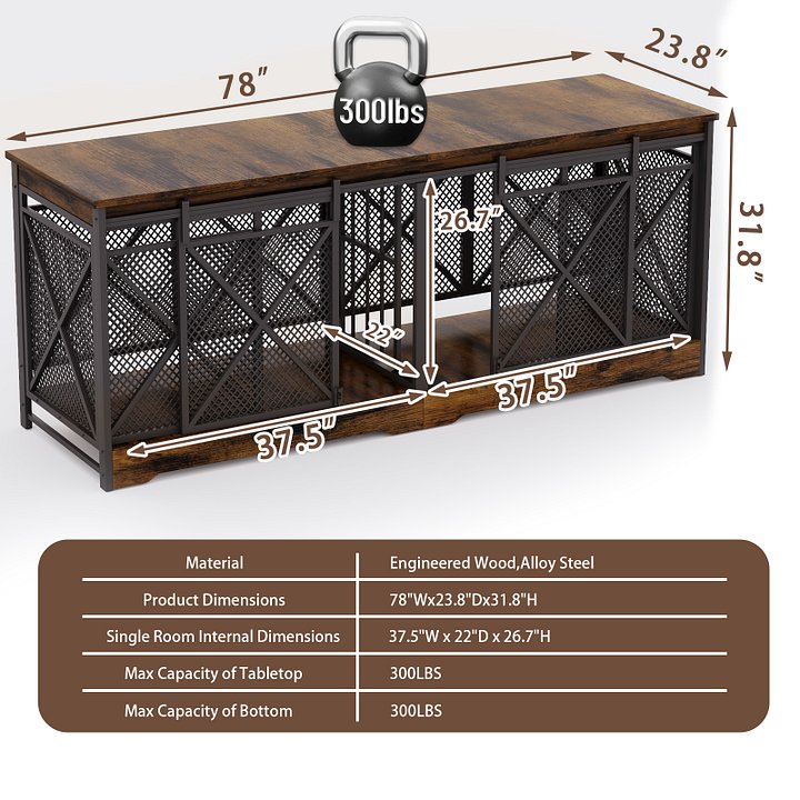 78 Inch Double Dog Crate Furniture, Extra Large Dog Kennel Indoor for Medium Large 2 Dogs, Heavy Duty Dog Cage Chew-Resistant Steel and Wooden Pet House with Removable Divider (Brown) product image (2)