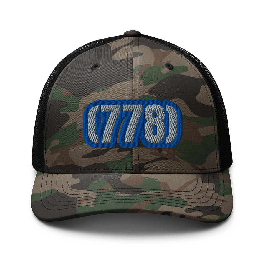 Bold Blue Outlined 778 AREA CODE Camo Trucker Hat product image (1)
