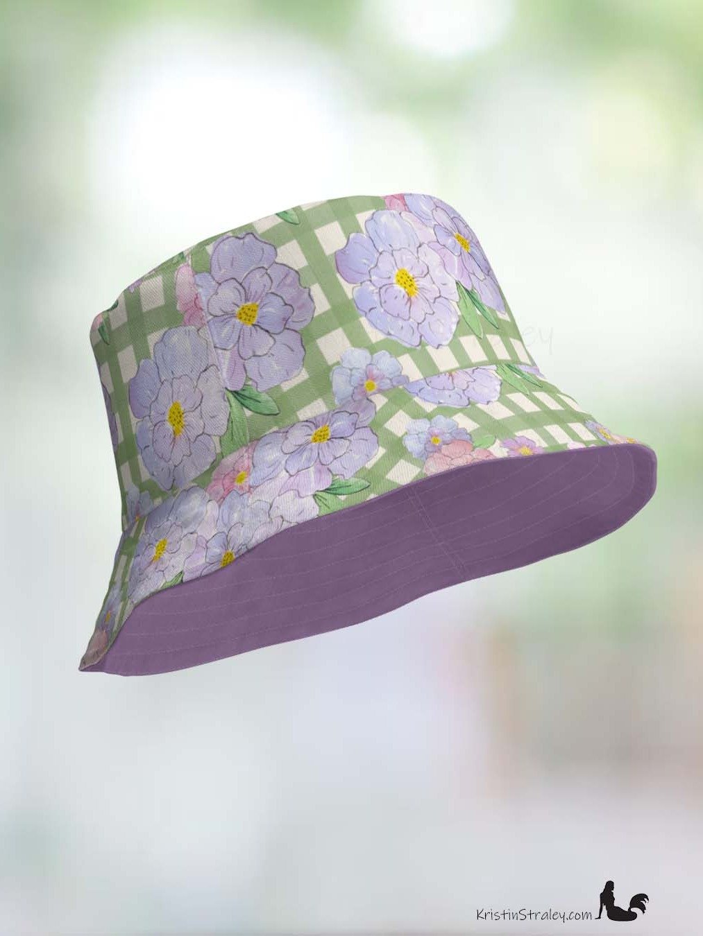Reversible Bucket Hat Lavender Flowers on Gingham and Solid Plum product image (9)