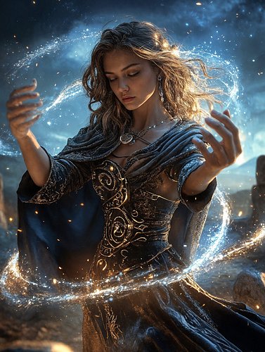 A goddess stands veiled in swirling light.

Shadows gather, yet her presence glows—arms lifted, eyes closed, she summons the ...