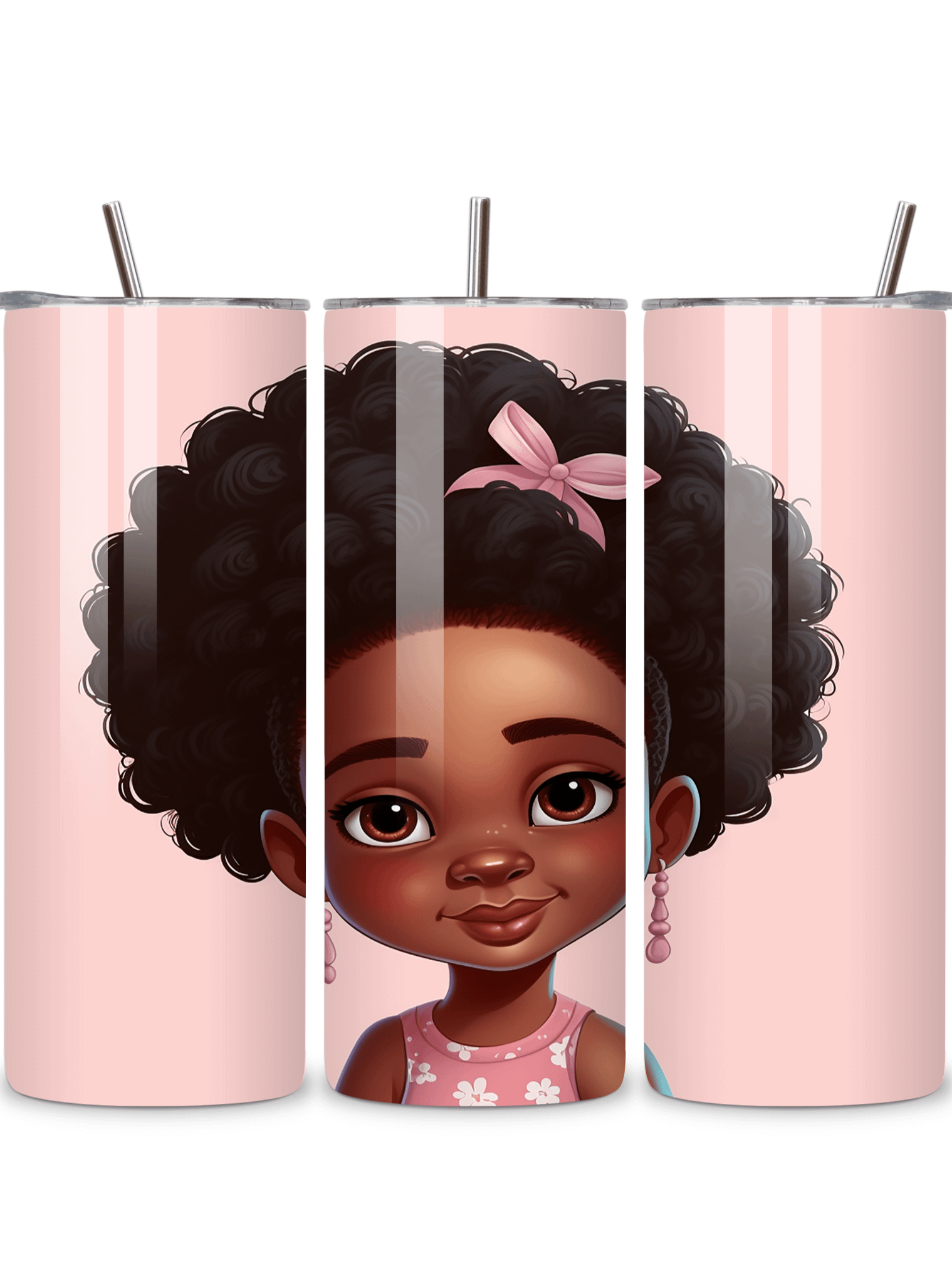 Adorable Afro Princess 20oz Skinny Tumbler with Metal Straw – Cute Pink Bow Design for Kids and Adults – Double-Walled Insulated Stainless Steel Tumbler for Hot & Cold Drinks product image (1)