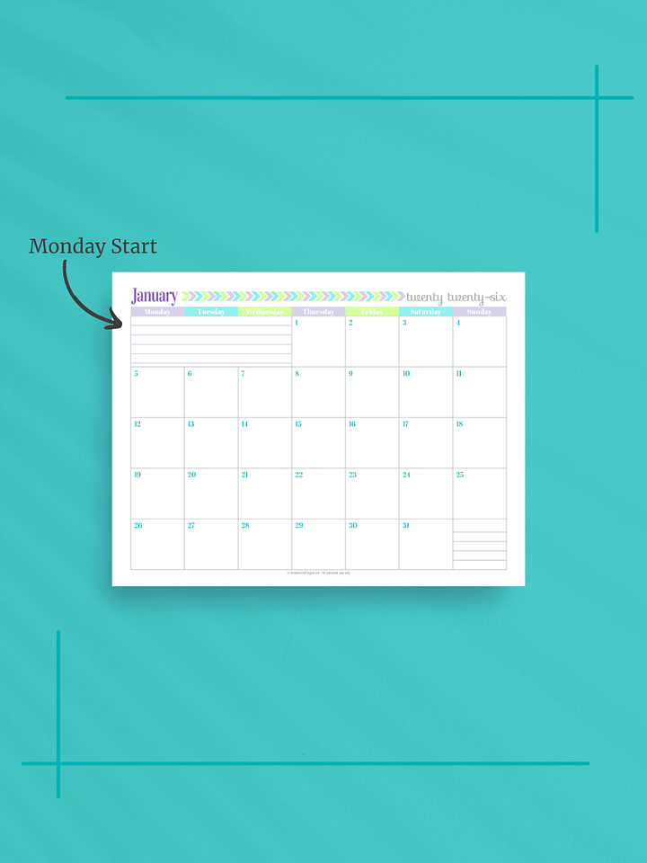 Pretty in Pastel 2026 Calendar - Single Page per Month, Monday Start, Letter Size product image (2)