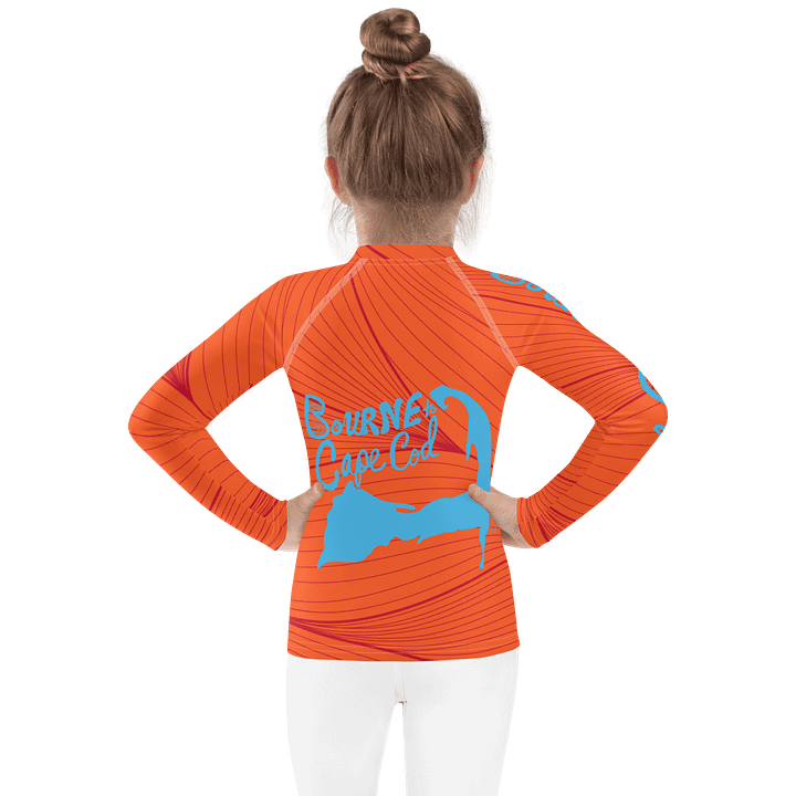 Girls' | Kids Rash Guard | BRN.2C.C.™ Front Print | BOURNE to Cape Cod™ Back & Sleeve Logo | Coastal UV Shirt for Active Kids | Slim Fit Swim Top | Blue Logo on Red and Orange product image (2)