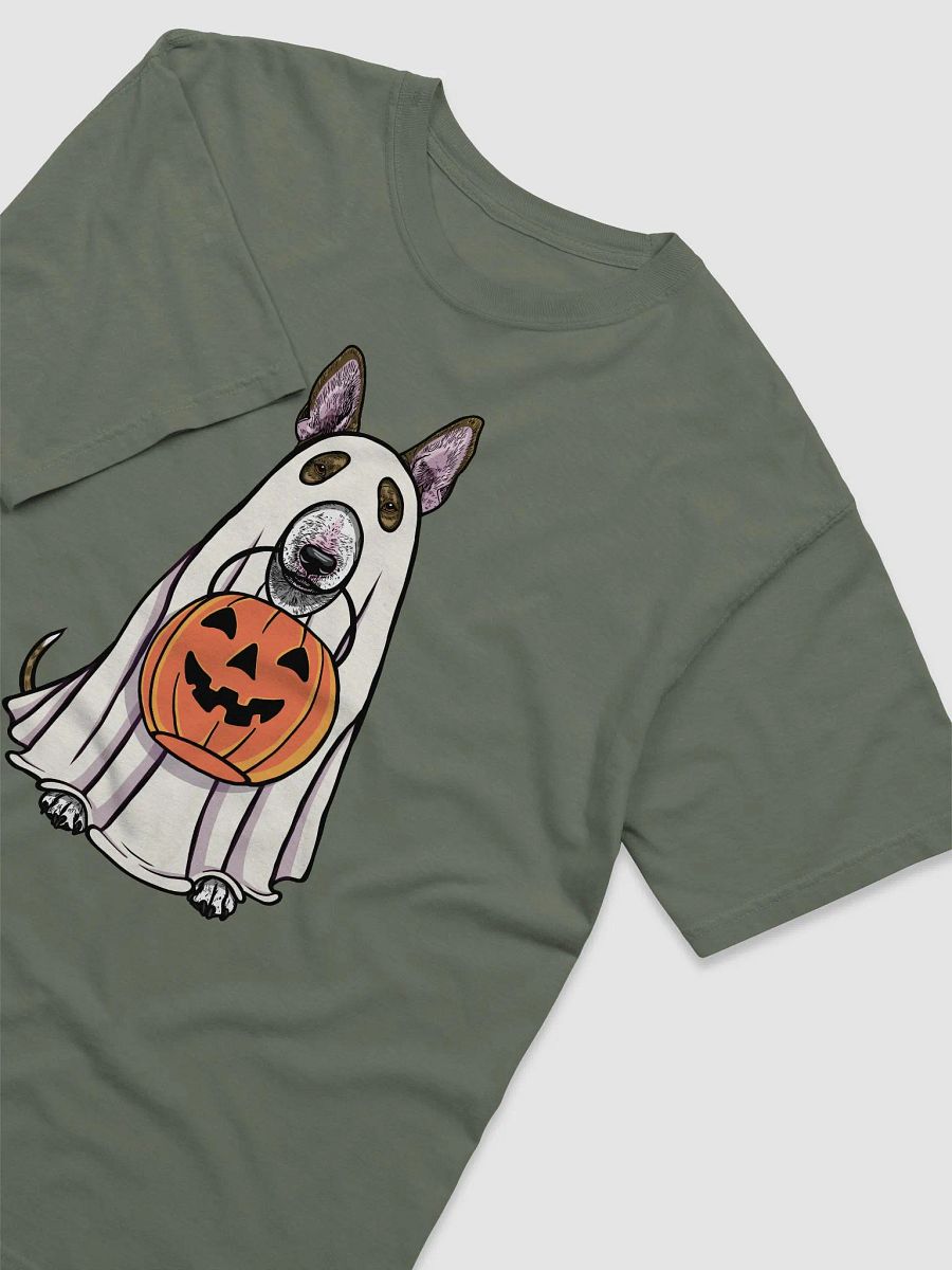 Funny Halloween Bull Terrier(Brindle) T-Shirt | Funny Dog Wearing a Ghost Costume and Holding a Pumpkin Basket product image (14)