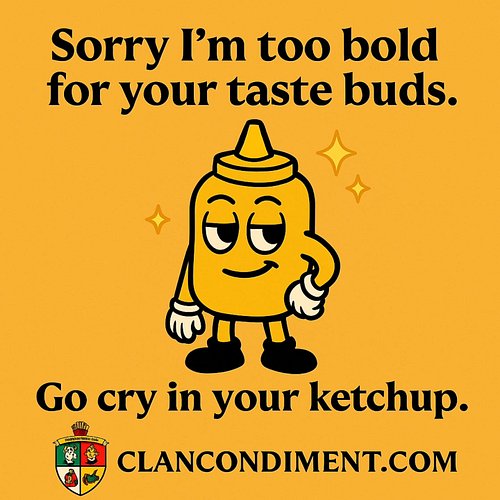 🟡 Too bold for your taste buds?
Good. I wasn’t made for basic.

Go cry in your ketchup. 💅
#ClanCondiment #BoldNotSorry #Musta...