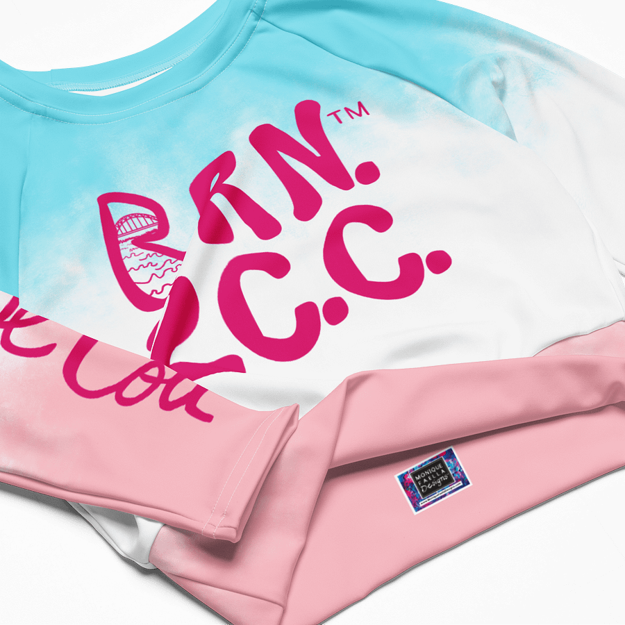 BOURNE to Cape Cod™ Crop Top | BRN.2C.C.™ Coastal Bold | Recycled Long Sleeve Statement Wear 🌊💃☀️ | Vibrant Pink Logos on Patriotic Pastels product image (4)