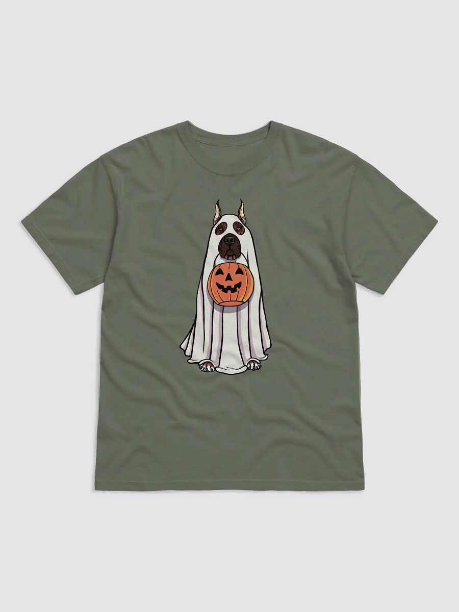 Funny Halloween Great Dane(Cropped Ears, Brindle) T-Shirt | Funny Great Dane Wearing a Ghost Costume and Holding a Pumpkin Basket product image (4)