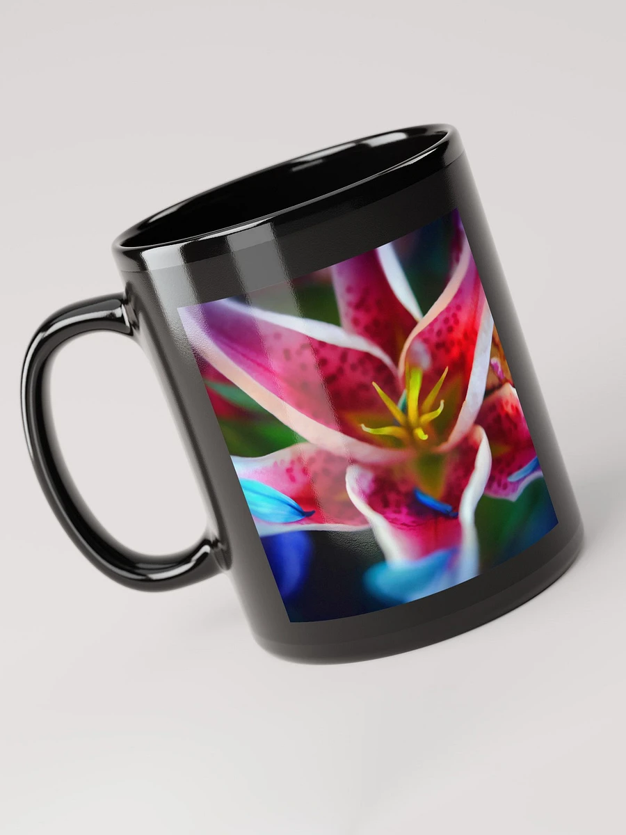 Blue Petals on a Pink and White Lily Black Coffee Mug product image (3)
