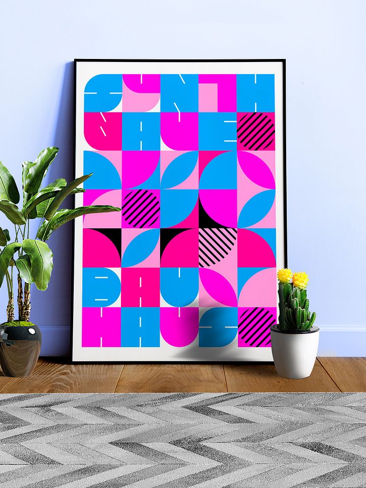 Bauhaus Synthwave #2 poster (fuchsia/magenta-blue) — abstract poster, retrowave print, vaporwave geometric art, 1980s print,1930s wall decor product image (1)