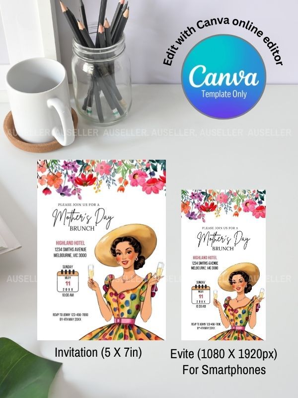 Mother's Day Brunch Invitation Bundle - Lady In Coloured Spotted Dress product image (4)
