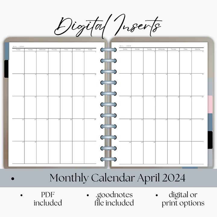 Monthly Calendar Digital Planner Insert Portrait Orientation- April 2024 product image (1)