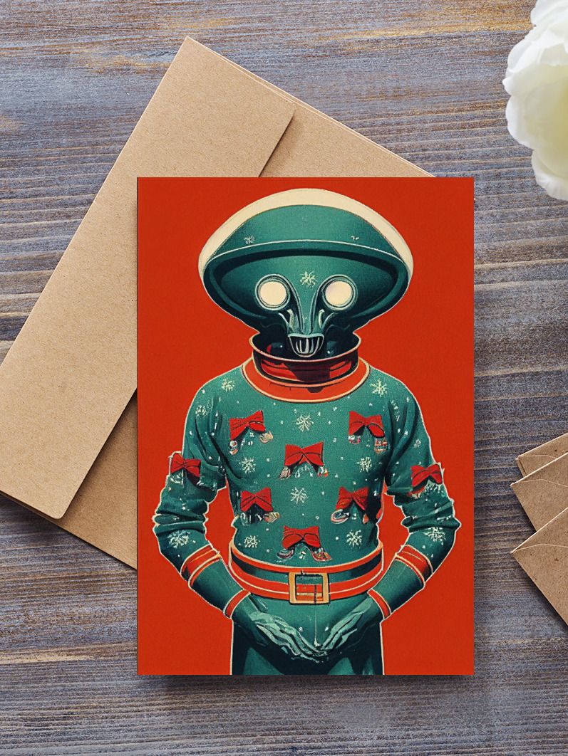 Retro Kitsch Alien Ugly Sweater Christmas Cards Pack of 10 • 5×7 product image (3)