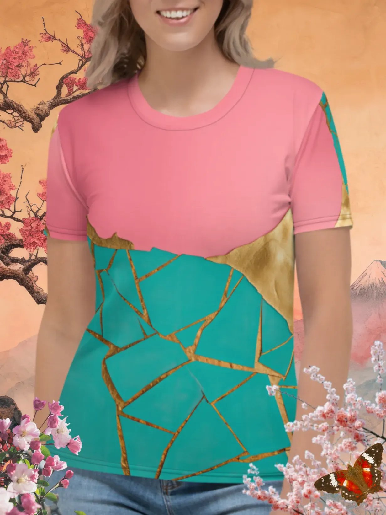 Coral & Teal Kintsugi Fusion Print T-Shirt product image (1)
