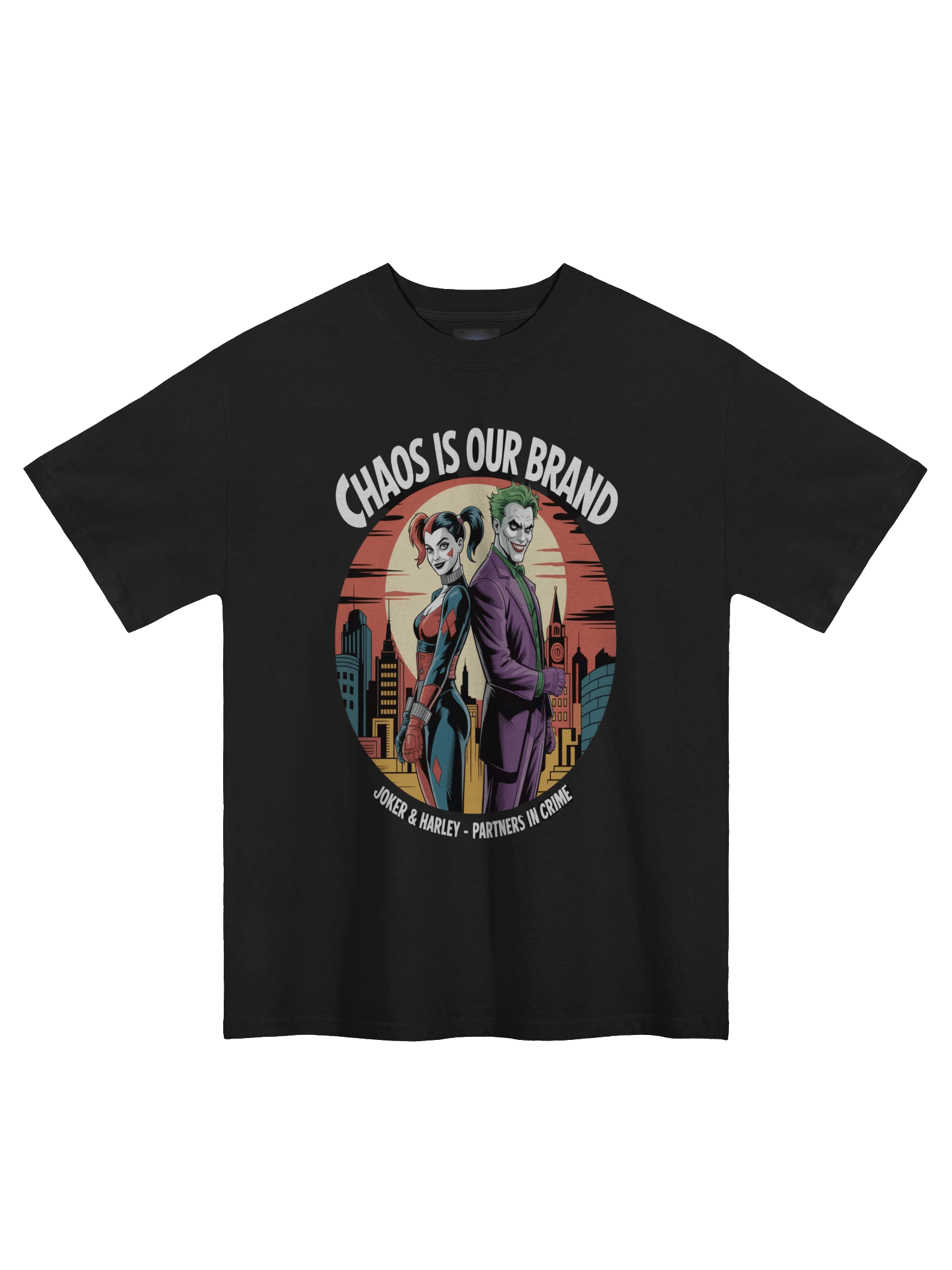 Chaos is Our Brand: Joker & Harley Gotham Twilight Partners Oversized Faded Unisex T-Shirt product image (3)