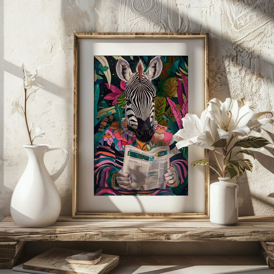 Zebra Reading a Newspaper Maximalist Animal Art Print product image (21)
