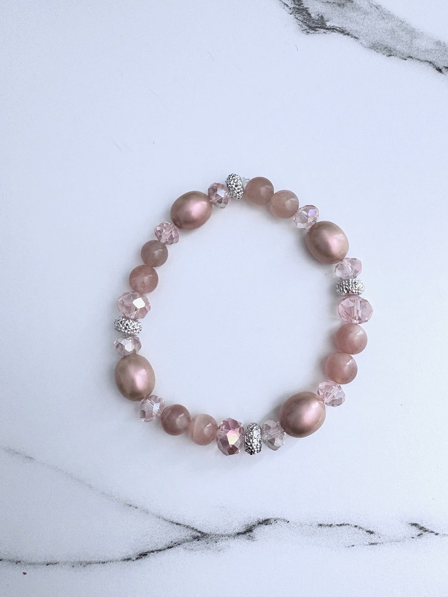 Blush Reverie | Semi-Precious & Pearlescent Bead Bracelet | Handmade 8" Stretch Bracelet | Coastal Charm Jewelry by Monique Faella Designs™ | MFD-00049 product image (1)
