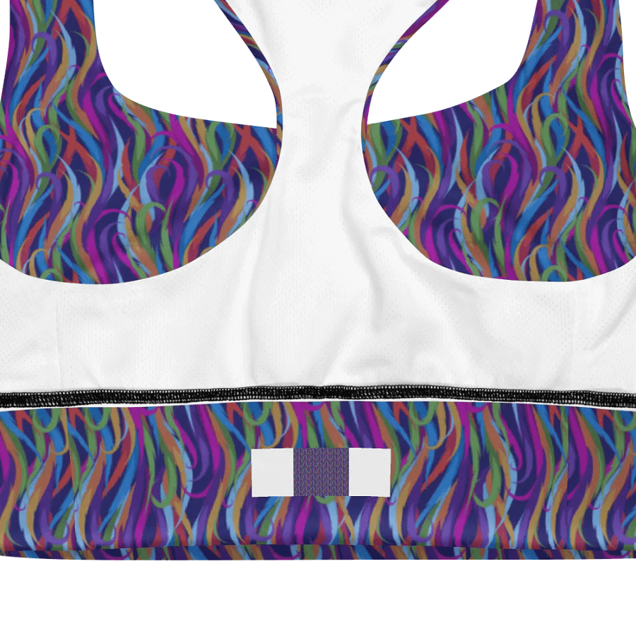 Longline sportsbra with  modern colorful design in magenta mauves on black product image (10)