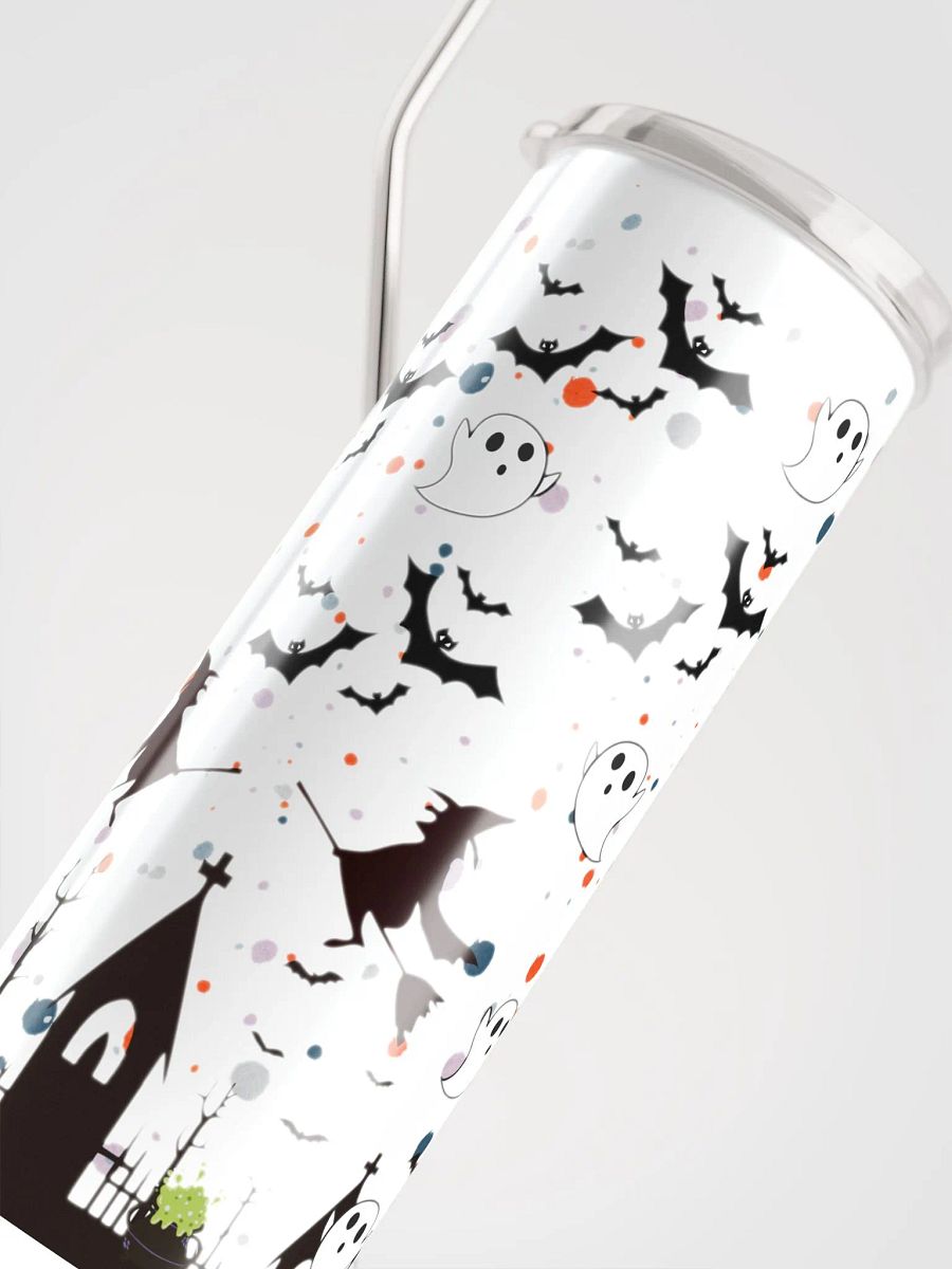 20 oz Stainless Steel Tumbler with Spooky Halloween Design – Ghosts, Witches, Bats & Haunted Houses, Reusable Straw & Lid product image (5)