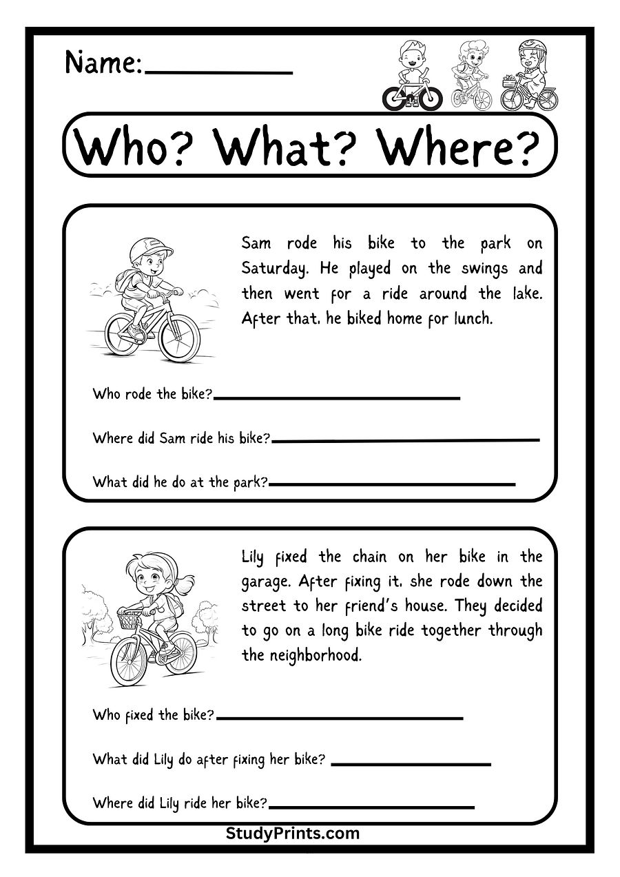 Who? What? Where? Bike -Themed Worksheet product image (1)