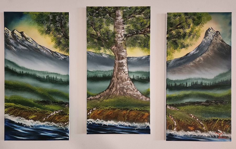 The Misty Dawn (Original) 3 Individual 12x24 Canvases make up this 36x24 piece product image (1)