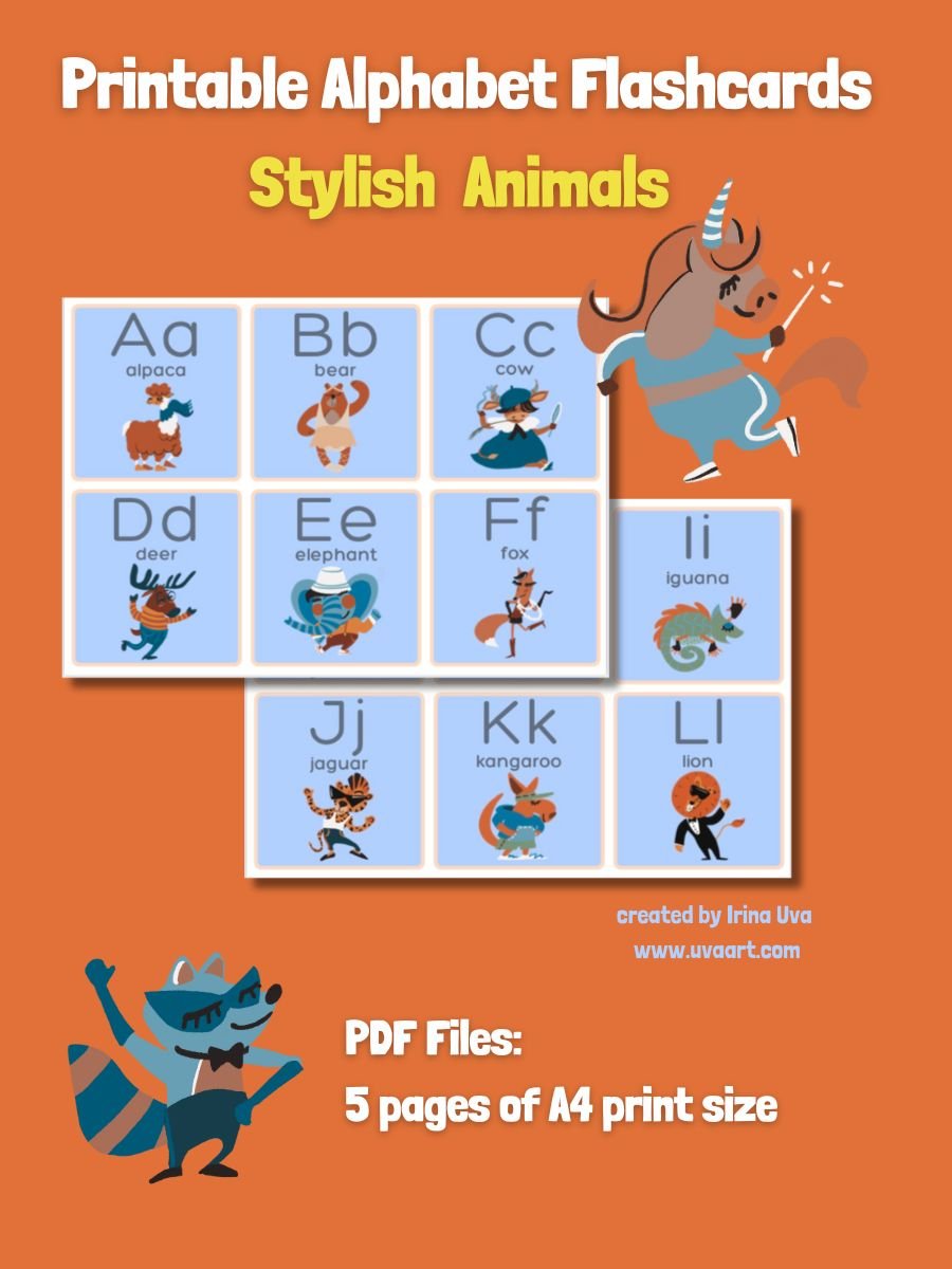 Printable Alphabet Flashcards - Stylish Animals - PDF product image (1)