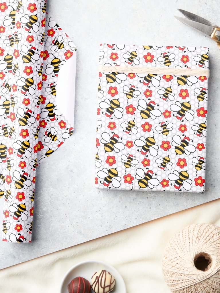 Honey Bees in Santa Hats Christmas Gift Wrapping Paper product image (3)