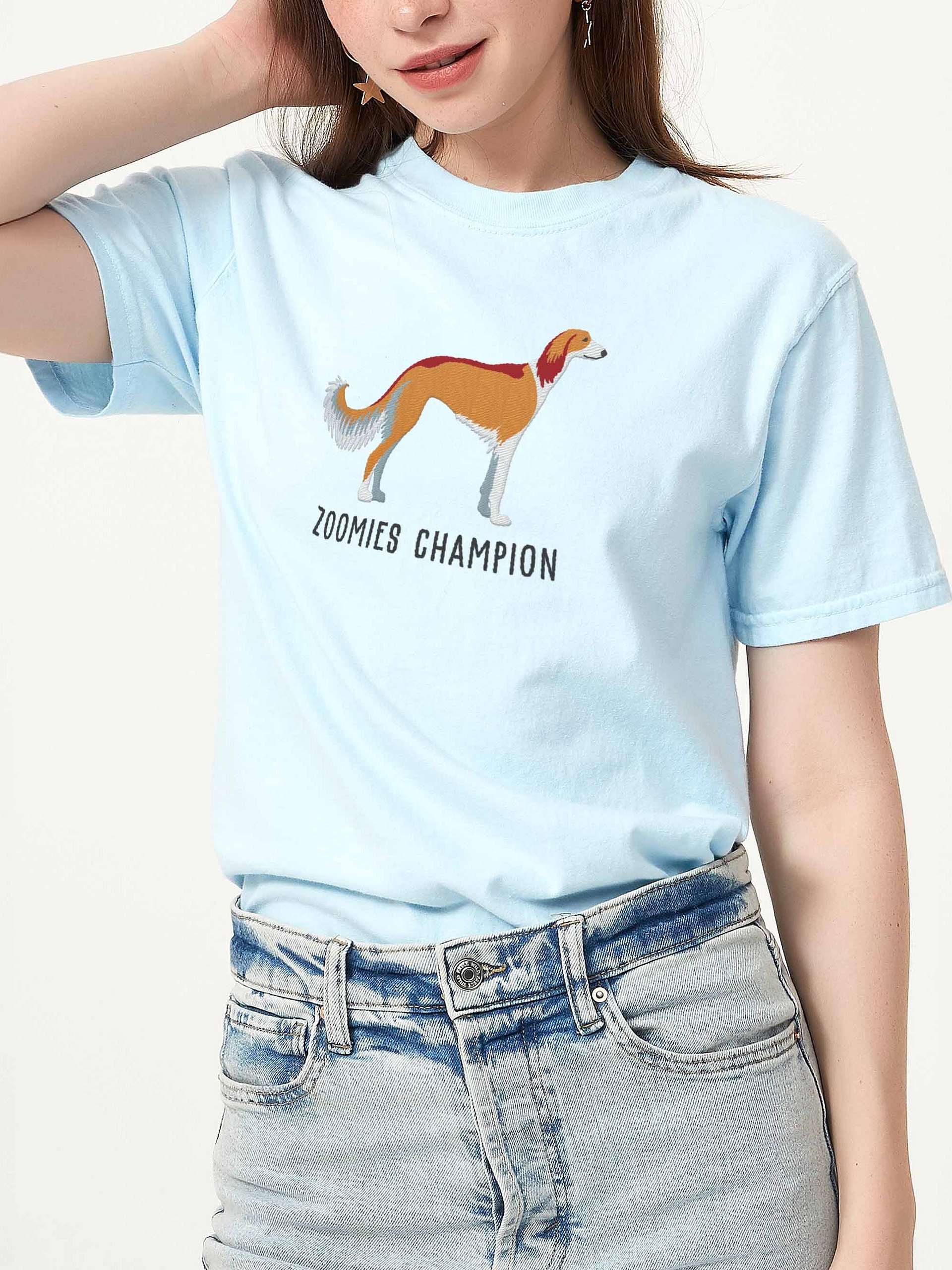 Zoomies Champion T-Shirt(Embroidered) of a Saluki(Tan) product image (2)